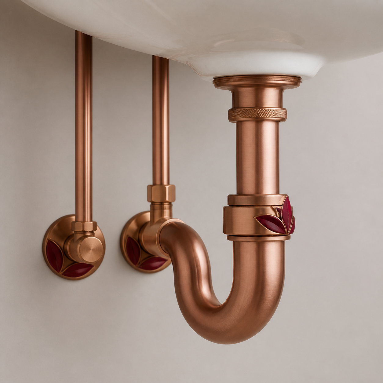 Copper drain trap with burgundy accent